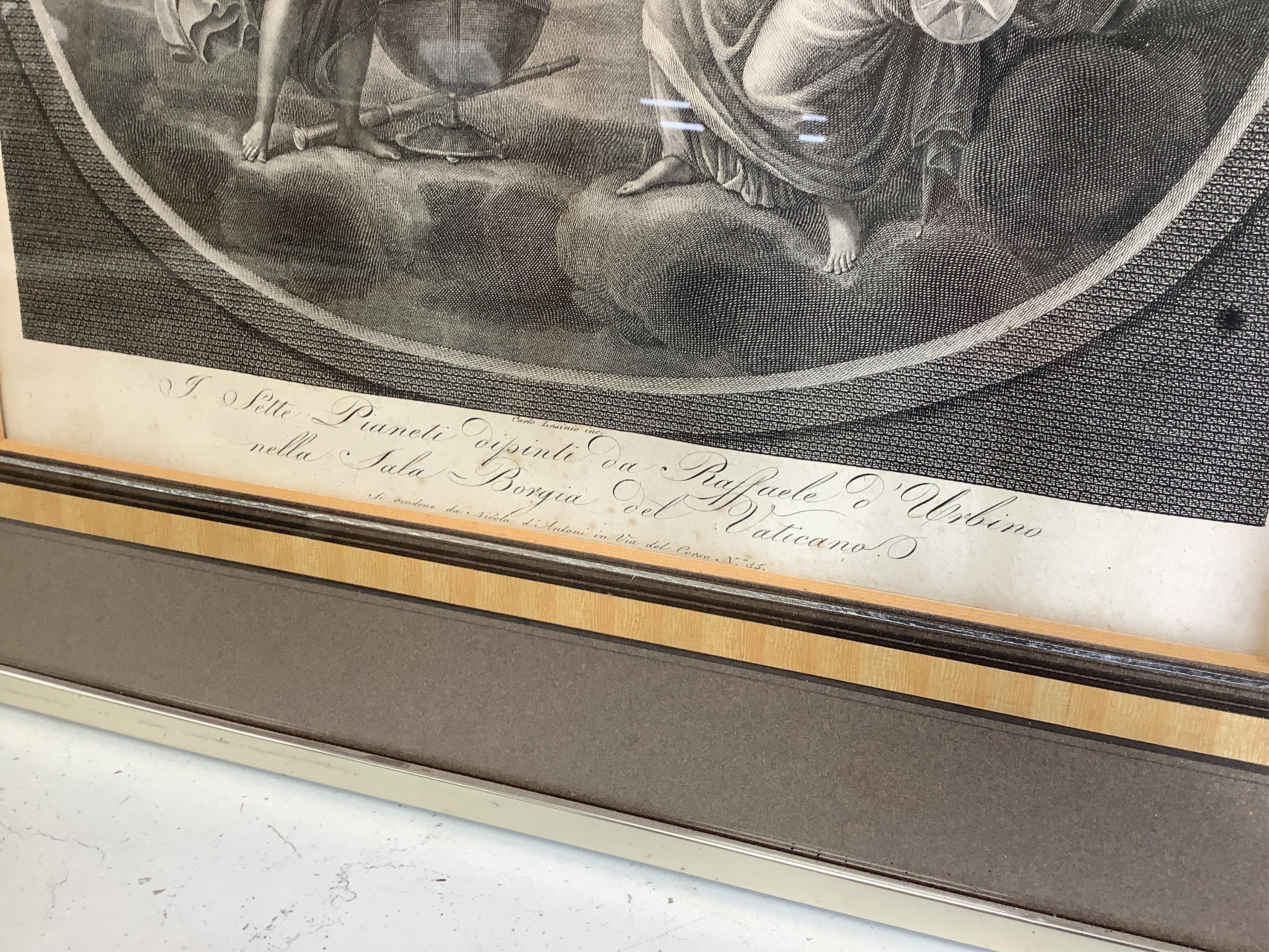 After Carlo Lasinio (Italian, 1759-1838), Roman gods to include, ‘Lunar’, ‘Jupiter’ and ‘Venus’, a set of seven engravings, each 23 x 40cm